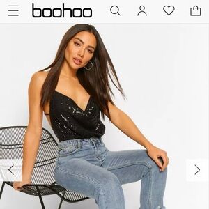Boohoo sequin black cowl drape neck bodysuit size 8 new with tags medium